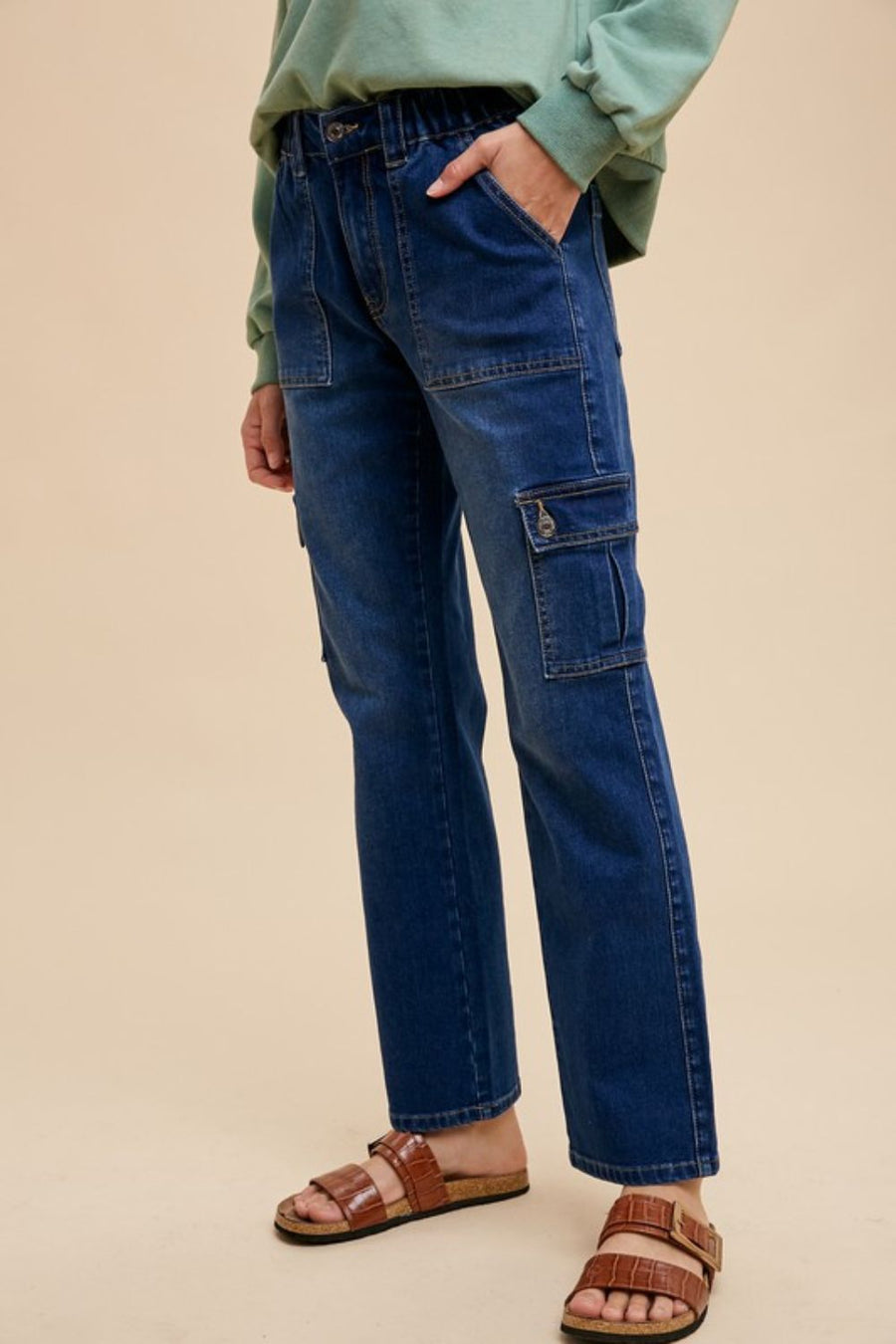 Annie Wear Straight Leg Jeans with Cargo Pockets- Dark Denim