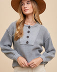 Annie Wear Half Button Ribbed Hem Sweater- Gray