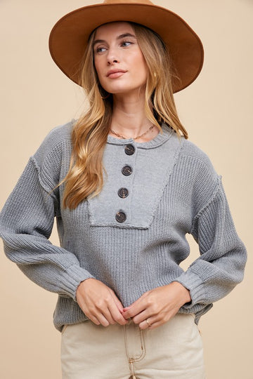 Annie Wear Half Button Ribbed Hem Sweater- Gray