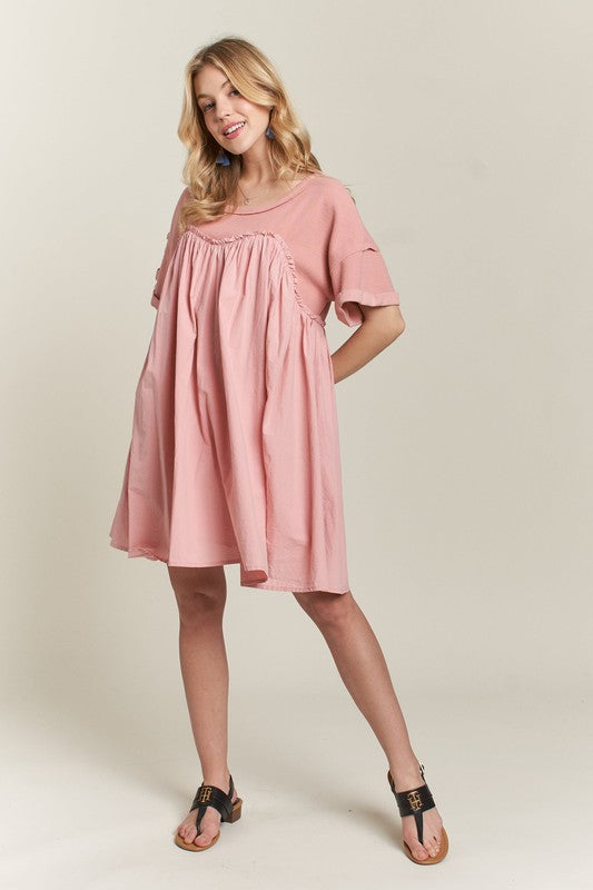 ADORA Round Neck Half Sleeve Babydoll Dress- Dusty Pink