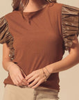 Ruffled Round Neck Cap Sleeve Blouse