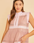 Annie Wear Contrast Trim Peplum Button Detail Blouse- Dusty Pink