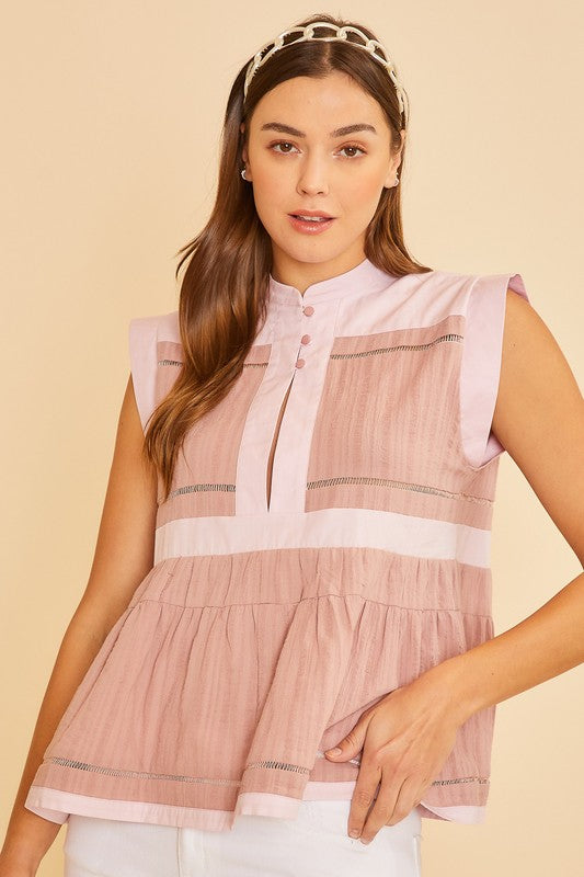 Annie Wear Contrast Trim Peplum Button Detail Blouse- Dusty Pink