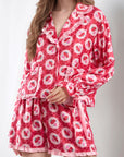 Valentine’s Day Frill Strawberry Print Flounce Sleeve Top and Shorts Lounge Set