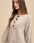 Annie Wear Half Button Ribbed Hem Sweater-oatmeal