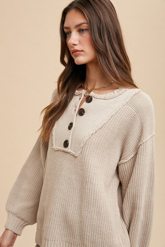 Annie Wear Half Button Ribbed Hem Sweater-oatmeal