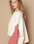 POL Waffle-Knit Contrast Notched Long Sleeve Knit Top