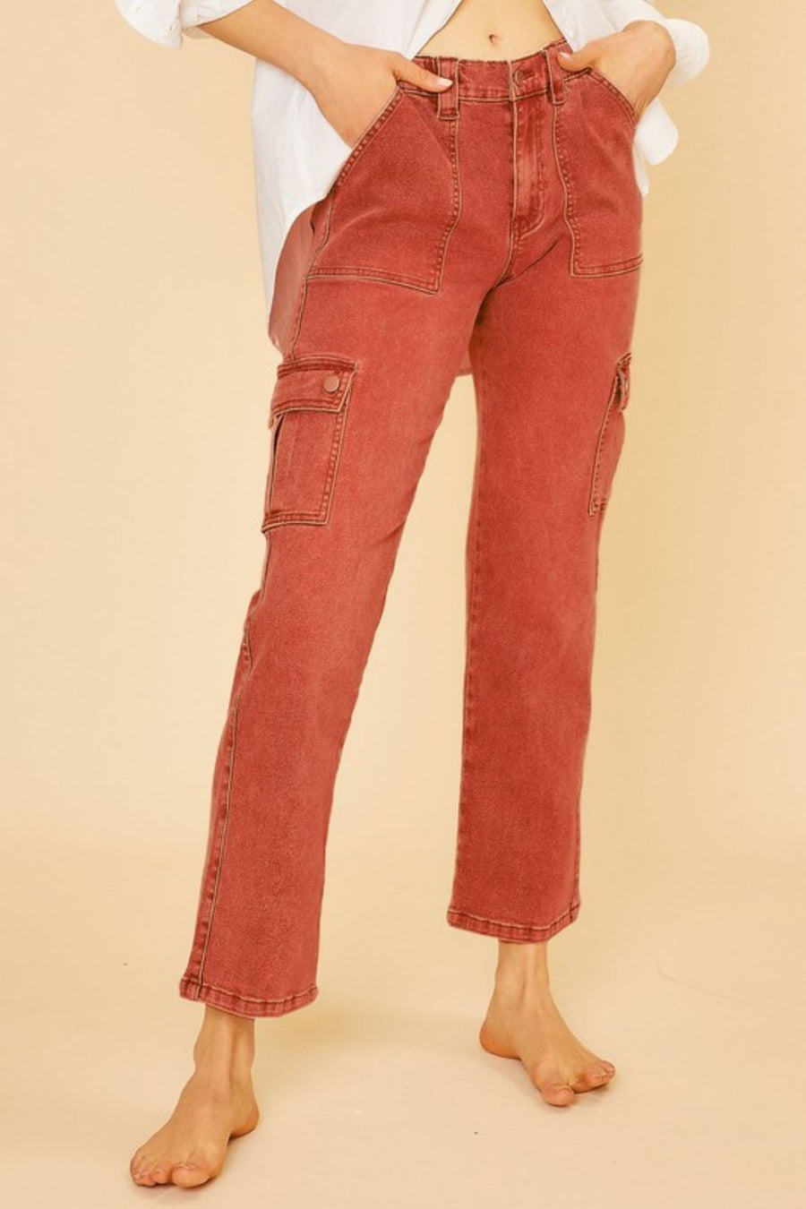 Annie Wear Straight Leg Jeans with Cargo Pockets- Orange Red