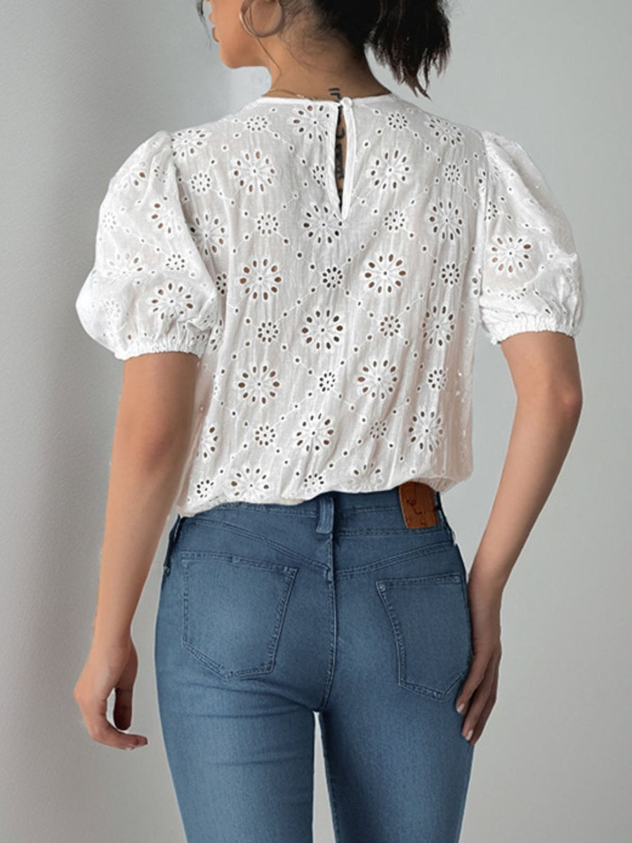 Perfee Tied Eyelet Short Sleeve Bodysuit-white