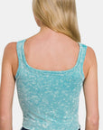 Zenana Washed Ribbed Scoop Neck Wide Strap Tank- Ice Blue