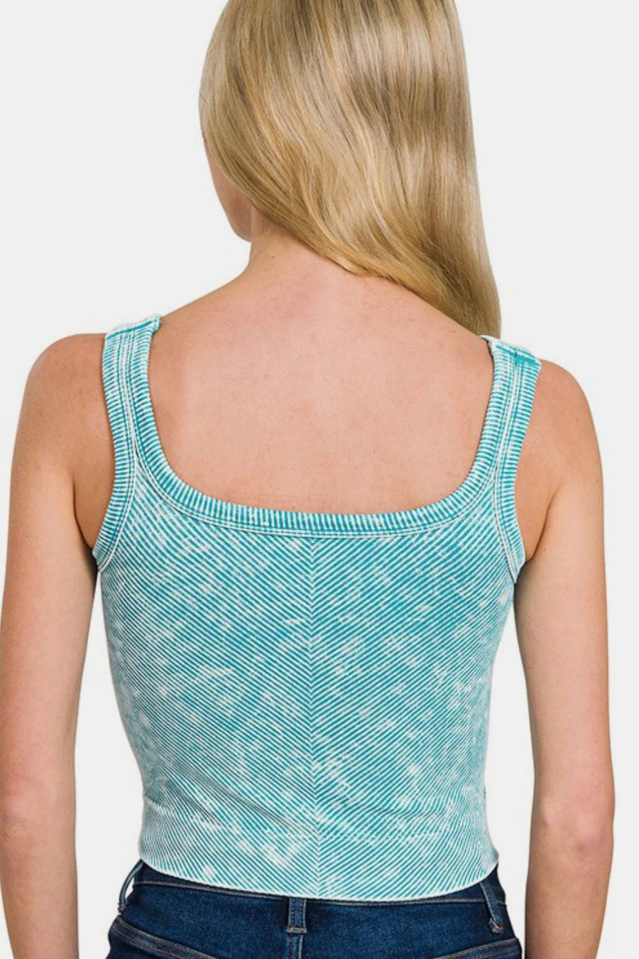 Zenana Washed Ribbed Scoop Neck Wide Strap Tank- Ice Blue