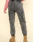 VERY J Washed Drawstring Jogger Cargo Jeans- Black Denim