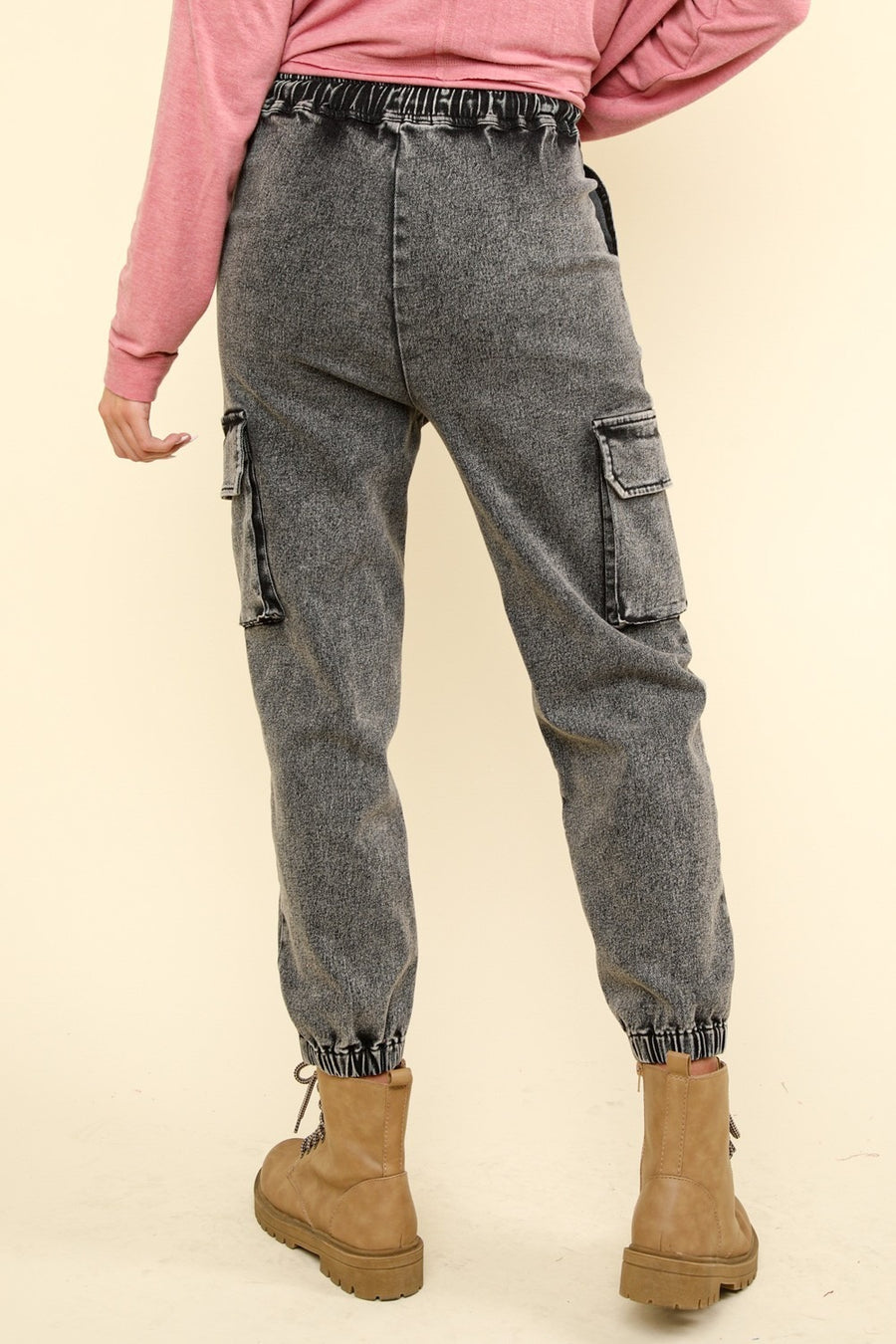 VERY J Washed Drawstring Jogger Cargo Jeans- Black Denim