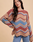 Annie Wear Multi Color Zig-Zag Round Neck Sweater- Rose