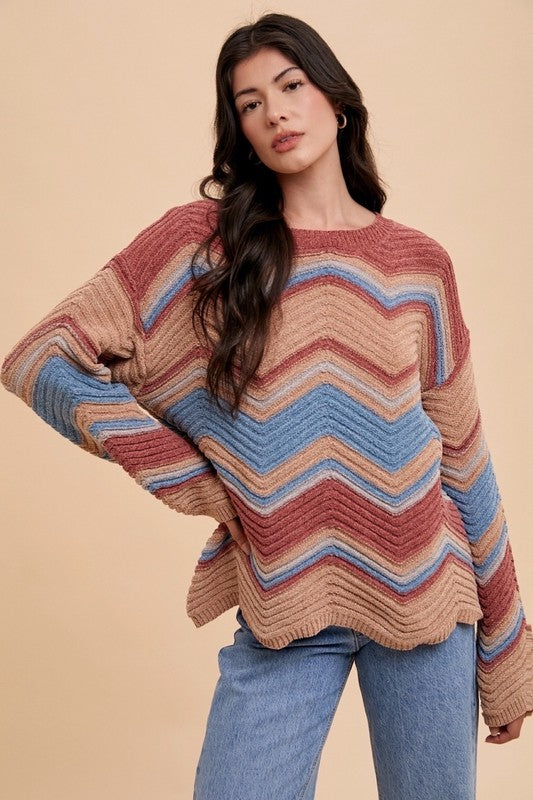 Annie Wear Multi Color Zig-Zag Round Neck Sweater- Rose