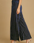 Umgee Full Size Elastic Waist Striped Wide Leg Velvet Pants