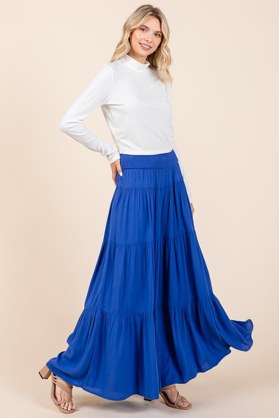 Mittoshop Tier Detail Smocked Elastic Waist Wide Leg Pants-Cobalt