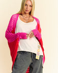 Davi & Dani Openwork Contrast Open Front Cardigan- Red Multicolor