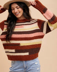 Annie Wear Color Block Round Neck Long Sleeve Sweater-Chocolate