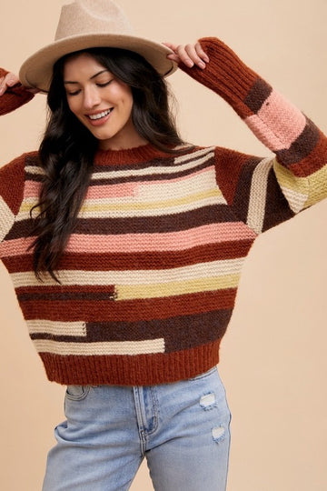 Annie Wear Color Block Round Neck Long Sleeve Sweater-Chocolate