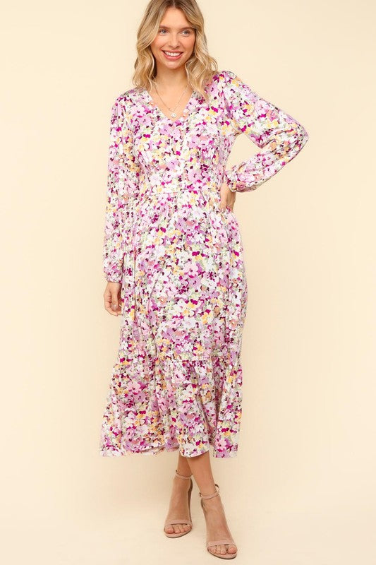 Haptics Full Size Floral V-Neck Long Sleeve Dress with Side Pockets-Lilac