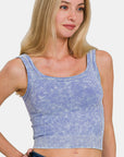 Zenana Washed Ribbed Scoop Neck Wide Strap Tank- Lt Indigo