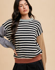 Annie Wear Striped Color Block Round Neck Sweater-Ivory/Black