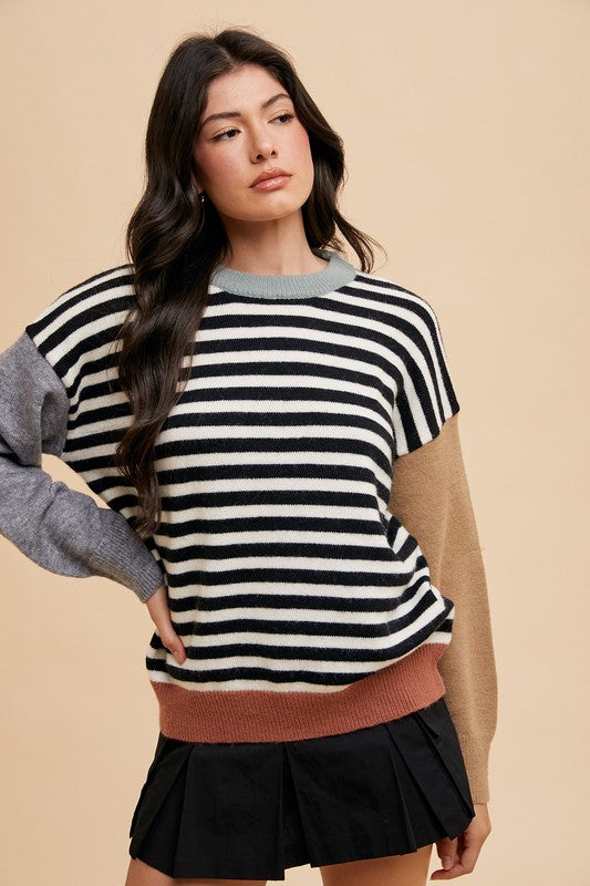 Annie Wear Striped Color Block Round Neck Sweater-Ivory/Black