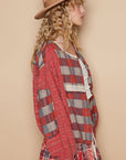 POL Round Neck Long Sleeve Plaid Shirt-Red Multi