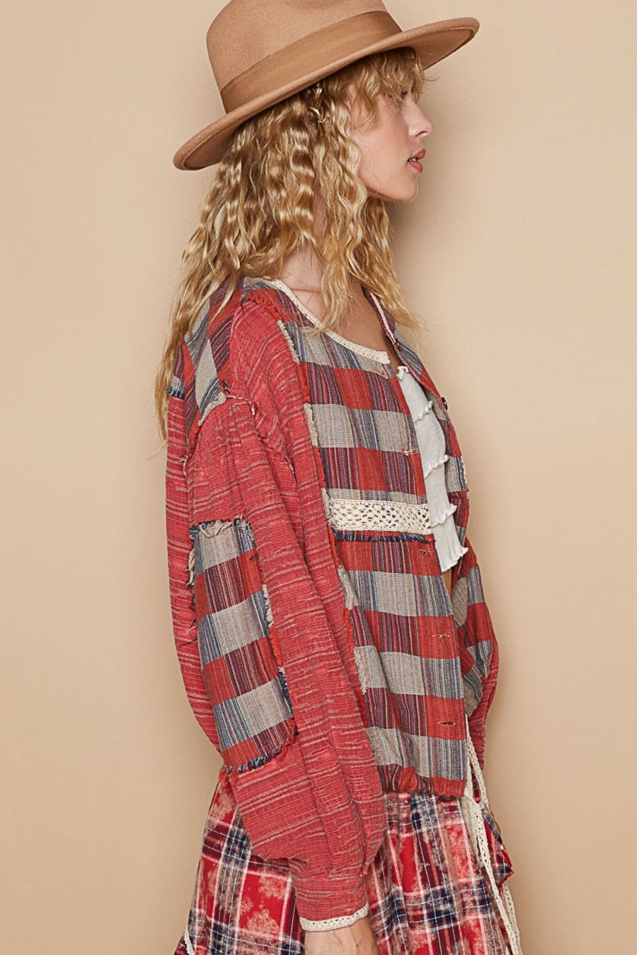 POL Round Neck Long Sleeve Plaid Shirt-Red Multi