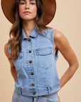 Annie Wear Collared Neck Button Down Denim Vest-medium wash