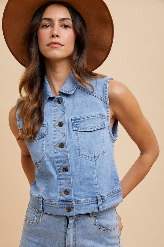 Annie Wear Collared Neck Button Down Denim Vest-medium wash