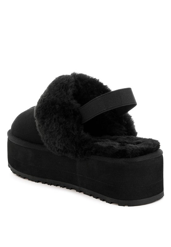 Kutchu Faux Fur Trim Platform Classic Slingback- Black