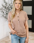 Almost There V-Neck Henley Top In Taupe