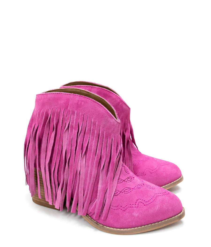 Amos Fringe Ankle Bootie in Magenta Suede