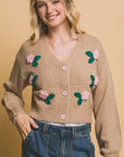 Mid cropped flower cardigan- Beige