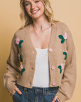 Mid cropped flower cardigan- Beige