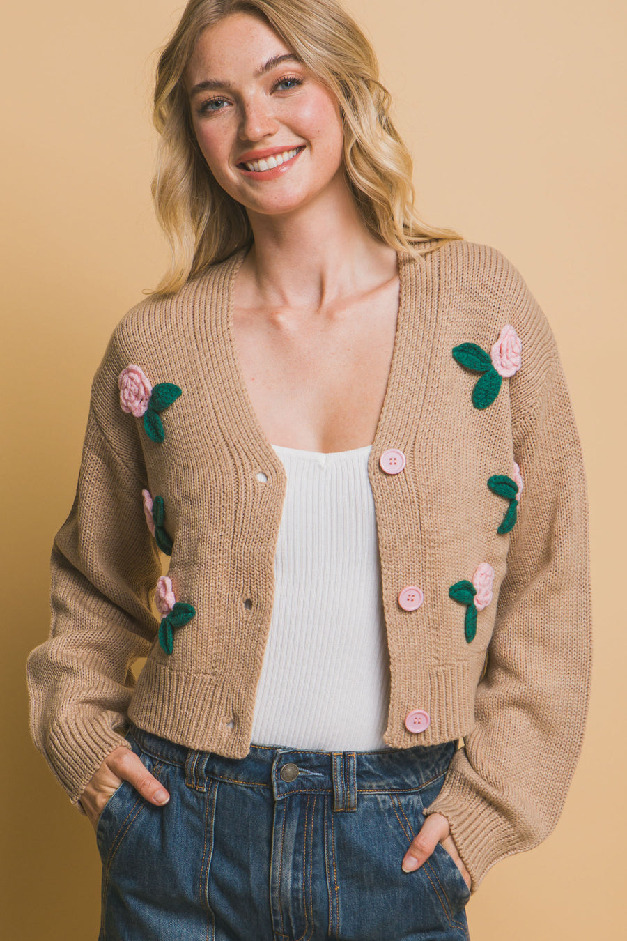 Mid cropped flower cardigan- Beige