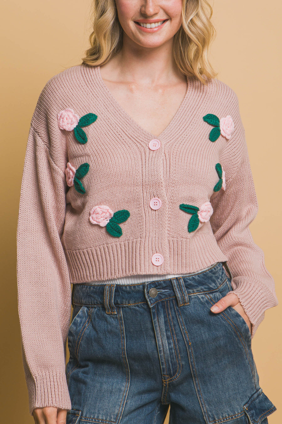 Mid cropped flower cardigan- Light Rose