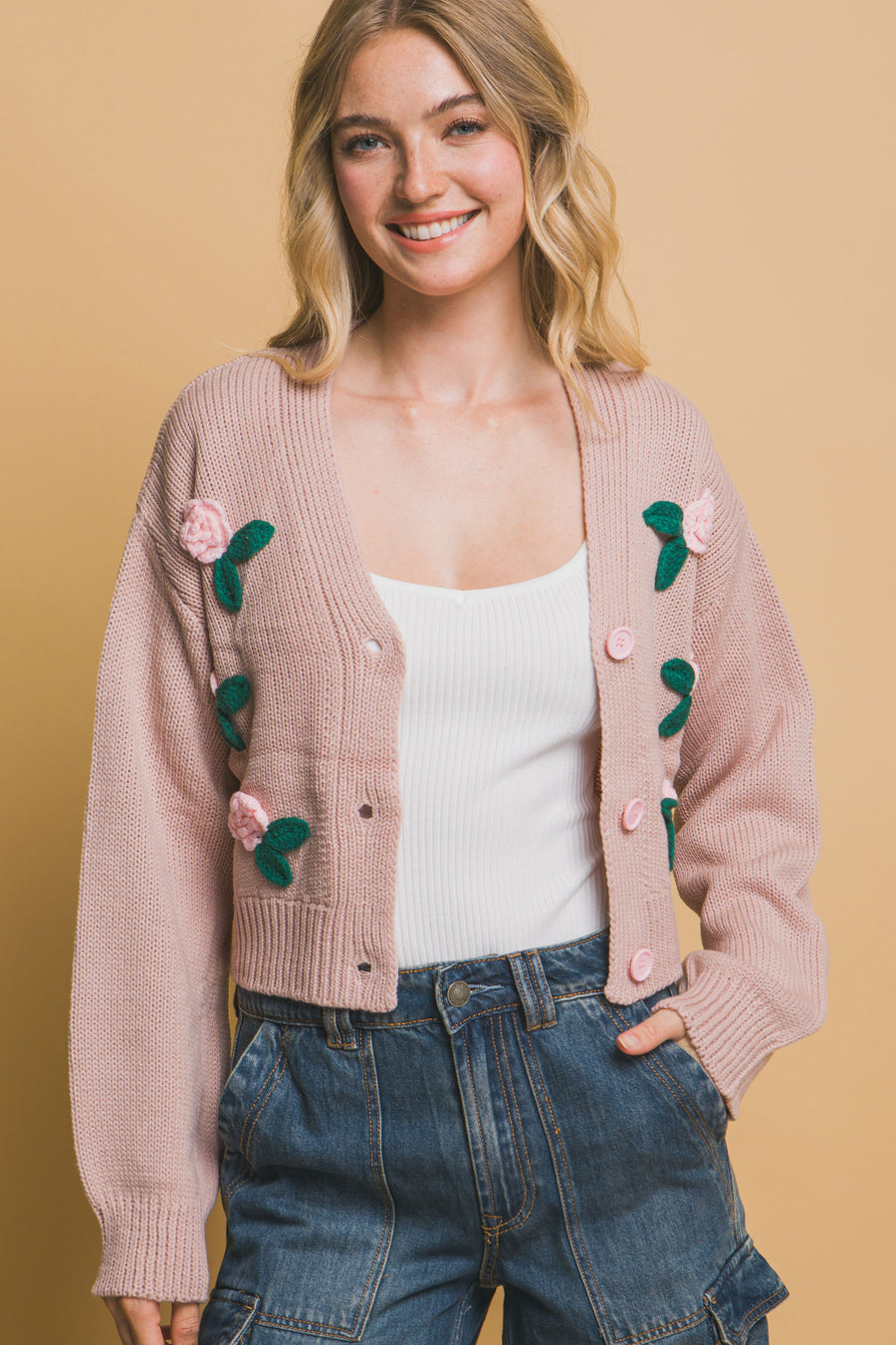 Mid cropped flower cardigan- Light Rose