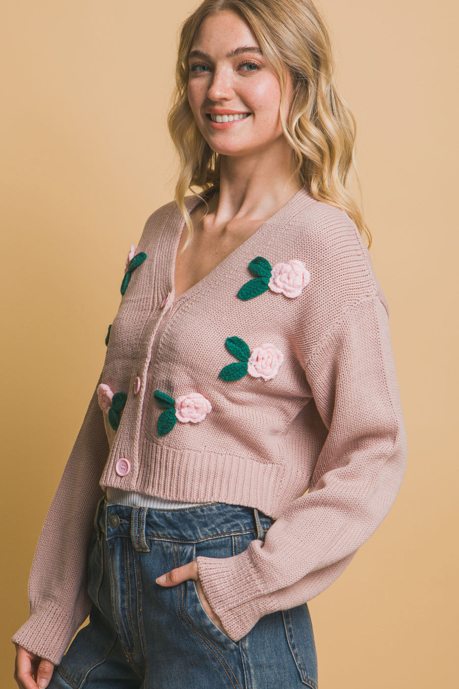 Mid cropped flower cardigan- Light Rose