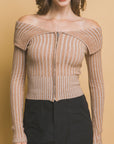 Ribbed bardot zip up long sleeve- Sand