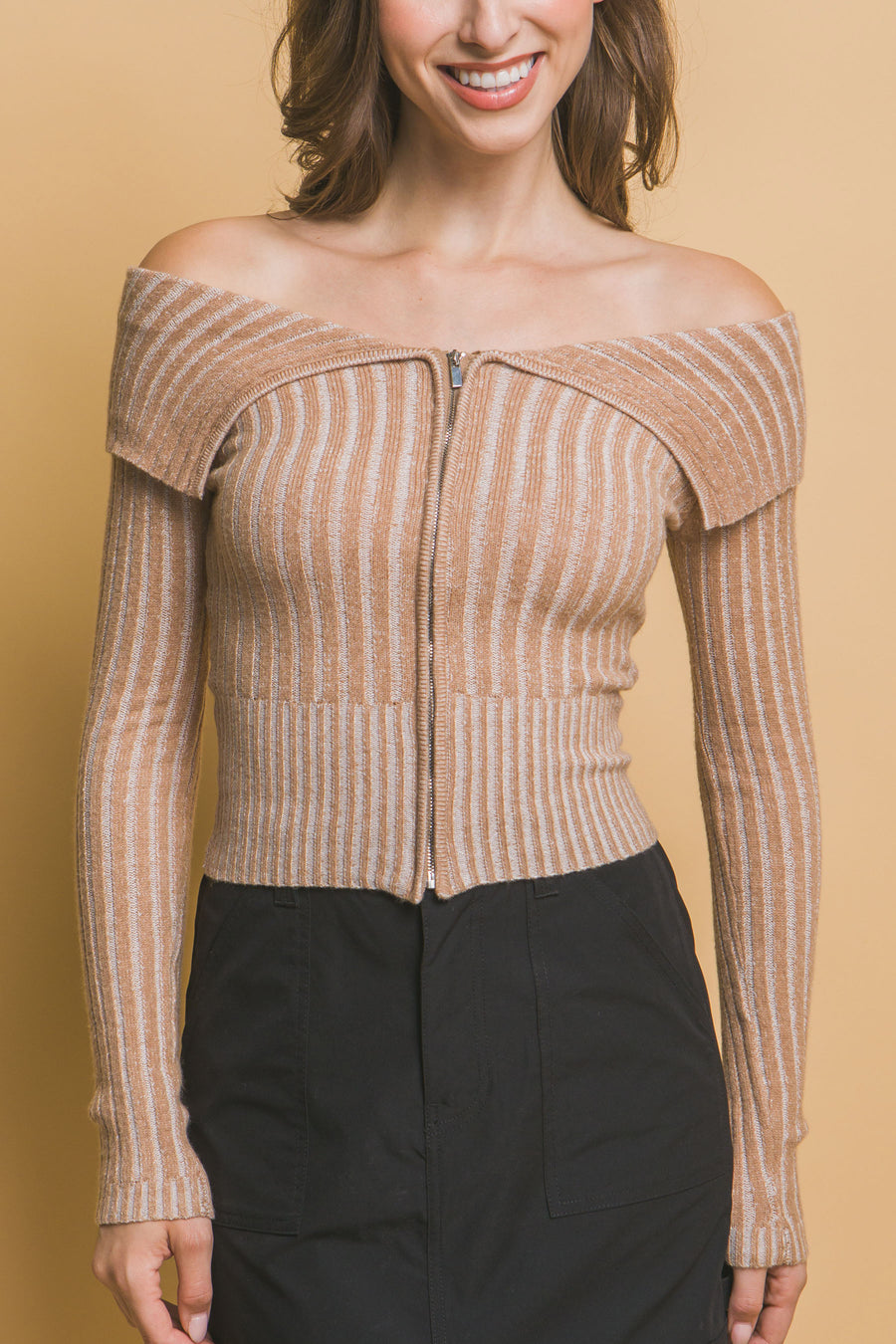 Ribbed bardot zip up long sleeve- Sand