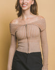 Ribbed bardot zip up long sleeve- Sand