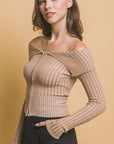 Ribbed bardot zip up long sleeve- Sand