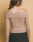 Ribbed bardot zip up long sleeve- Sand