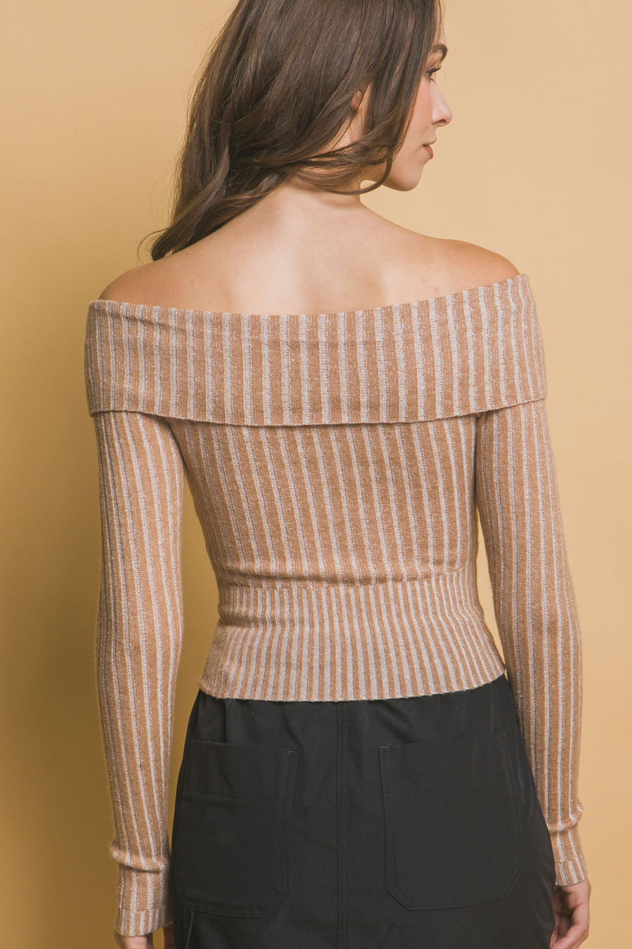 Ribbed bardot zip up long sleeve- Sand