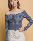 Ribbed bardot zip up long sleeve- Denim Blue