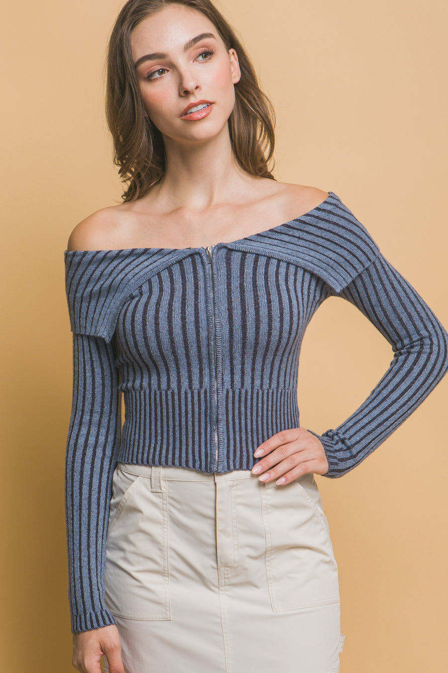 Ribbed bardot zip up long sleeve- Denim Blue