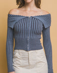 Ribbed bardot zip up long sleeve- Denim Blue